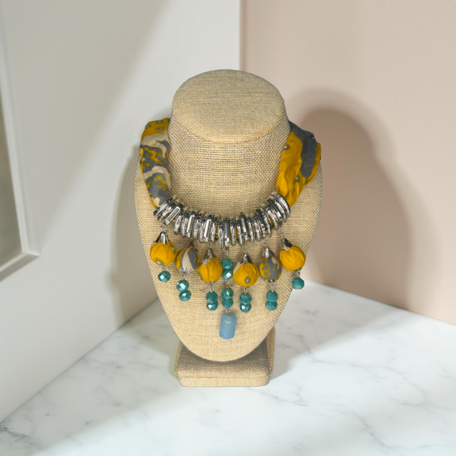 Moringa-Batik Statement Necklace with BLUE, GRAY and YELLOW  GUMITIR  Design And Silver Accent