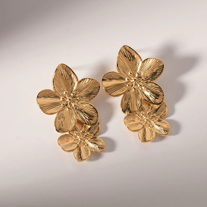 Gold Drop Double Flower Earrings, Bold Yet Light