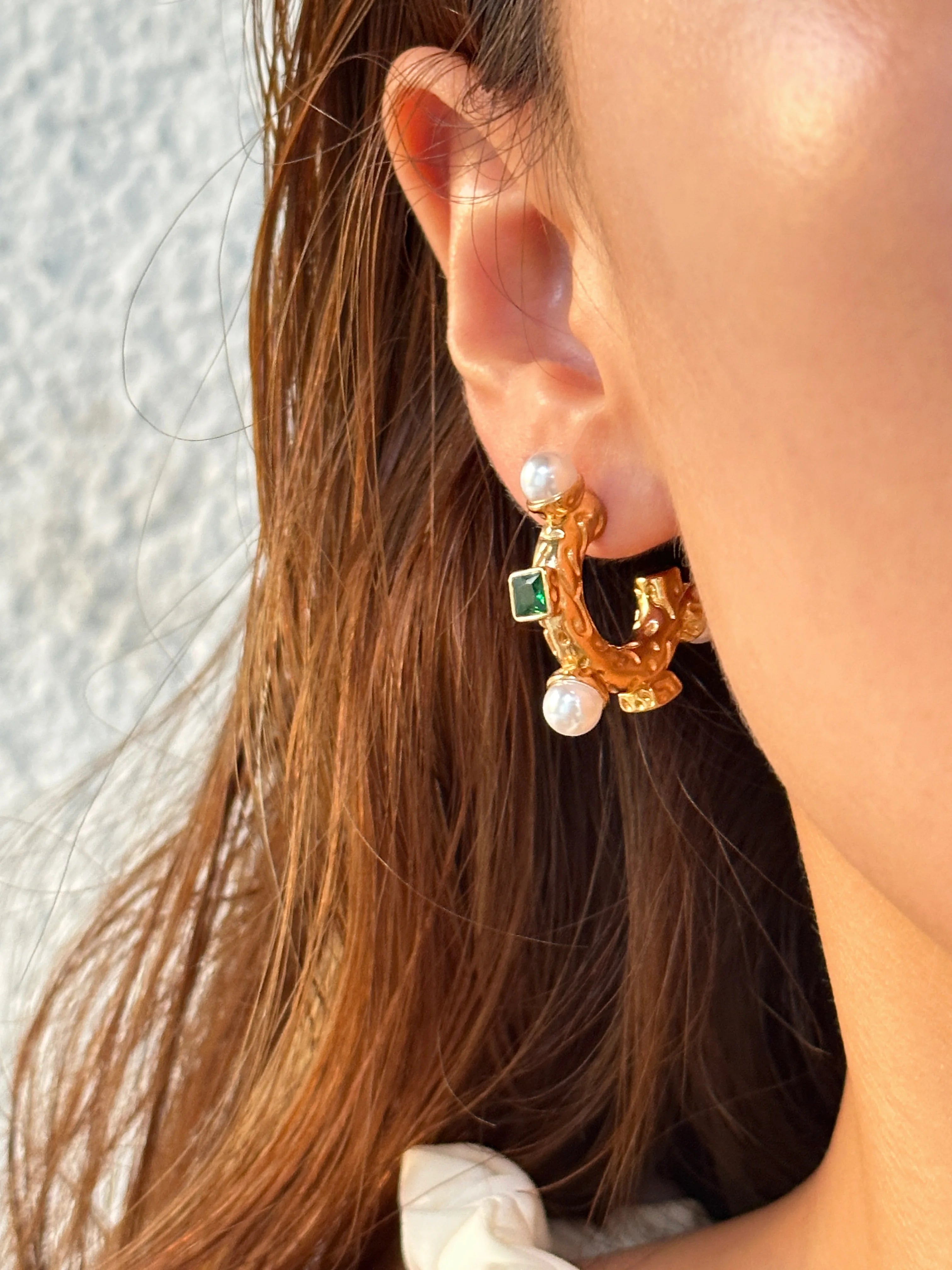 Gold Open Hoop with Pearls and Stones Earrings