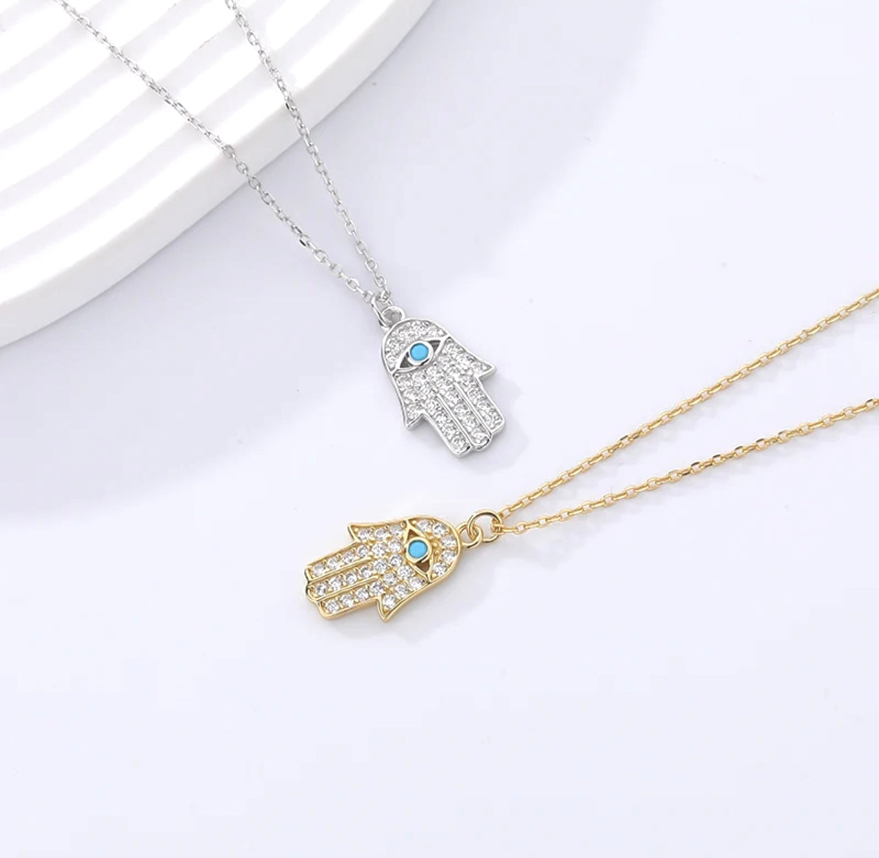 Turquoise Zircon Hamsa Hand Necklace 18K Gold over Sterling Silver