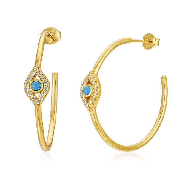 Hoop Earrings with Evil Eye and Turquoise in The Middle, 18K Gold Plated Over Sterling Silver