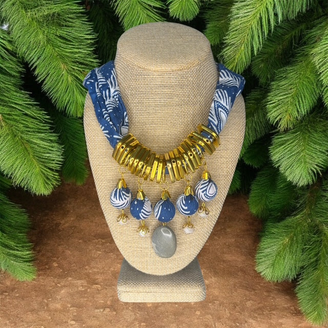 Moringa-Batik Statement Necklace with PEACOCK KASUARI Design with White Stones and Gold Accent