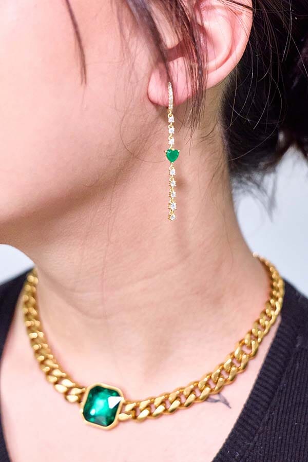 Happy Hearts Gold & Emerald Earrings on Model