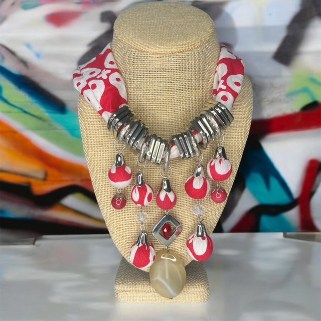 Moringa-Batik Statement Necklace with RED RATNA (Flower) Design And Silver Accent