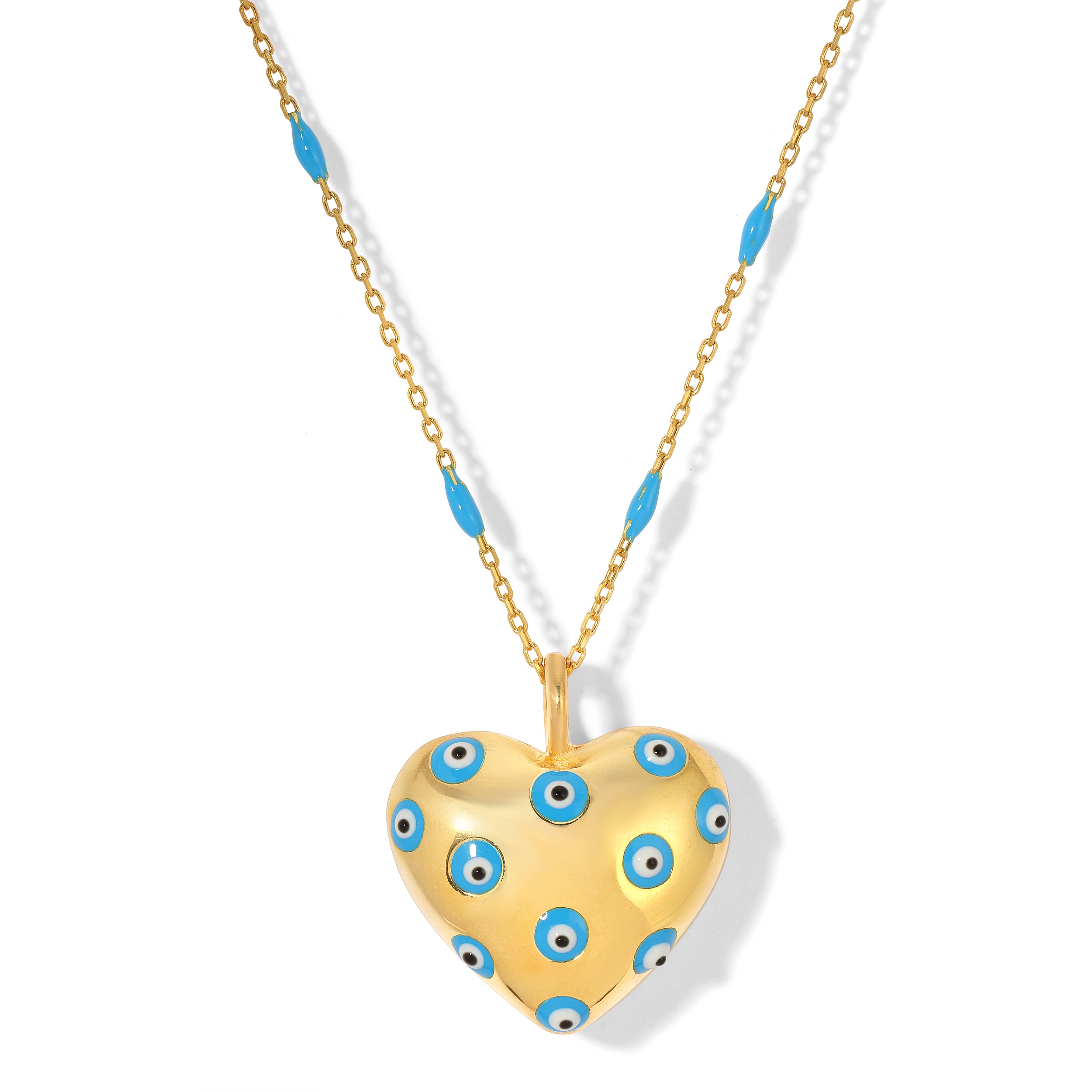 Turquoise Puffy Heart with Evil Eye and  Chain Necklace