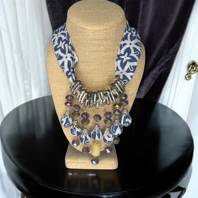 Moringa-Batik Statement Necklace with BLUE TELANG Design And Silver Accent