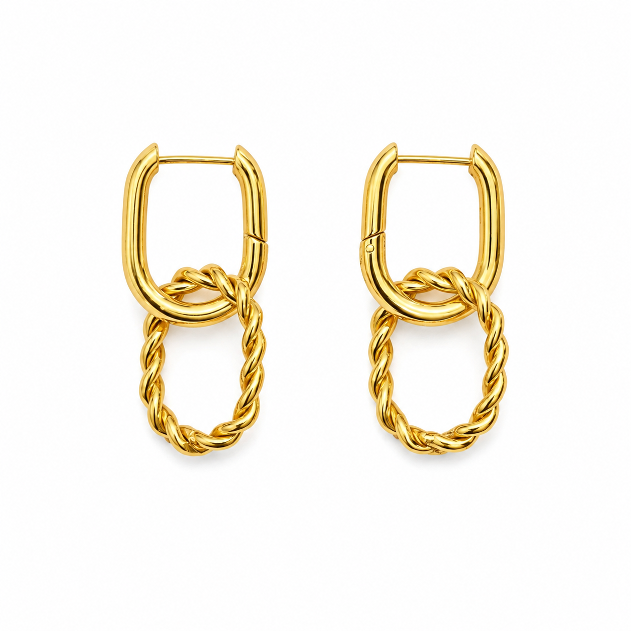 A pair of gold hoop earrings with a twisted rope link design hanging from elongated oval hoops, shown on a plain white background.
