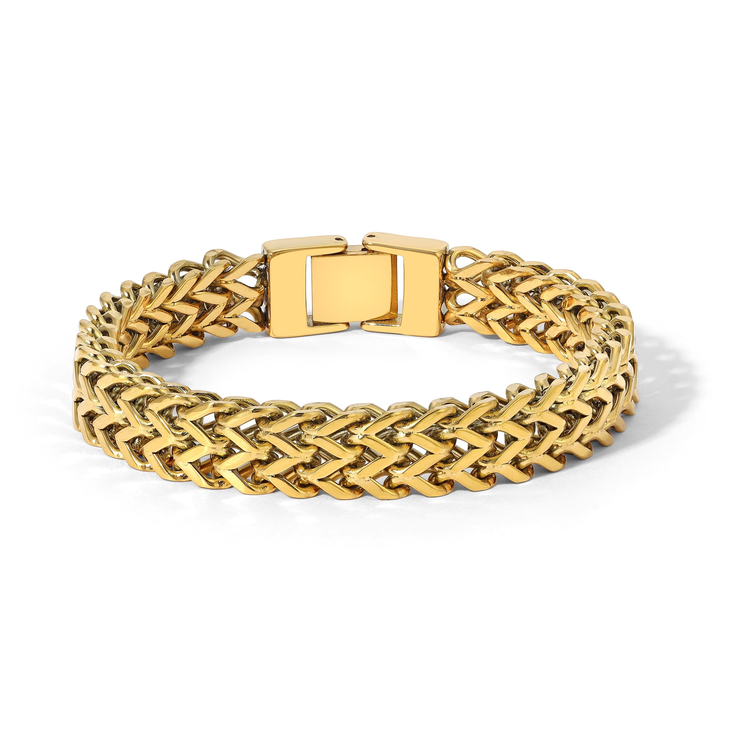 Cora bold gold Cuban chain bracelet with woven links and rectangular clasp on a white background