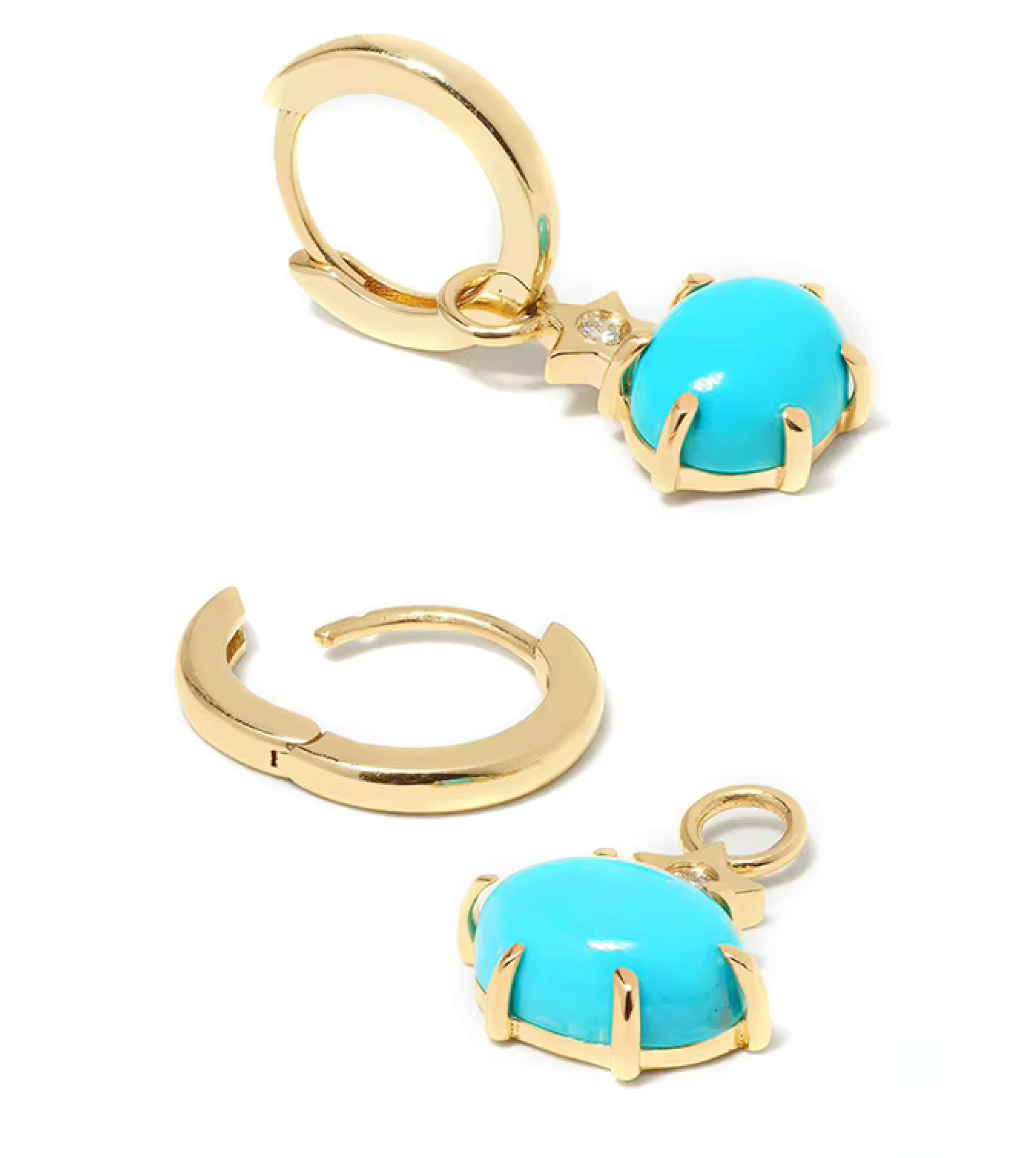 Detachable gold hoop earrings with turquoise stone charms and crystal accents