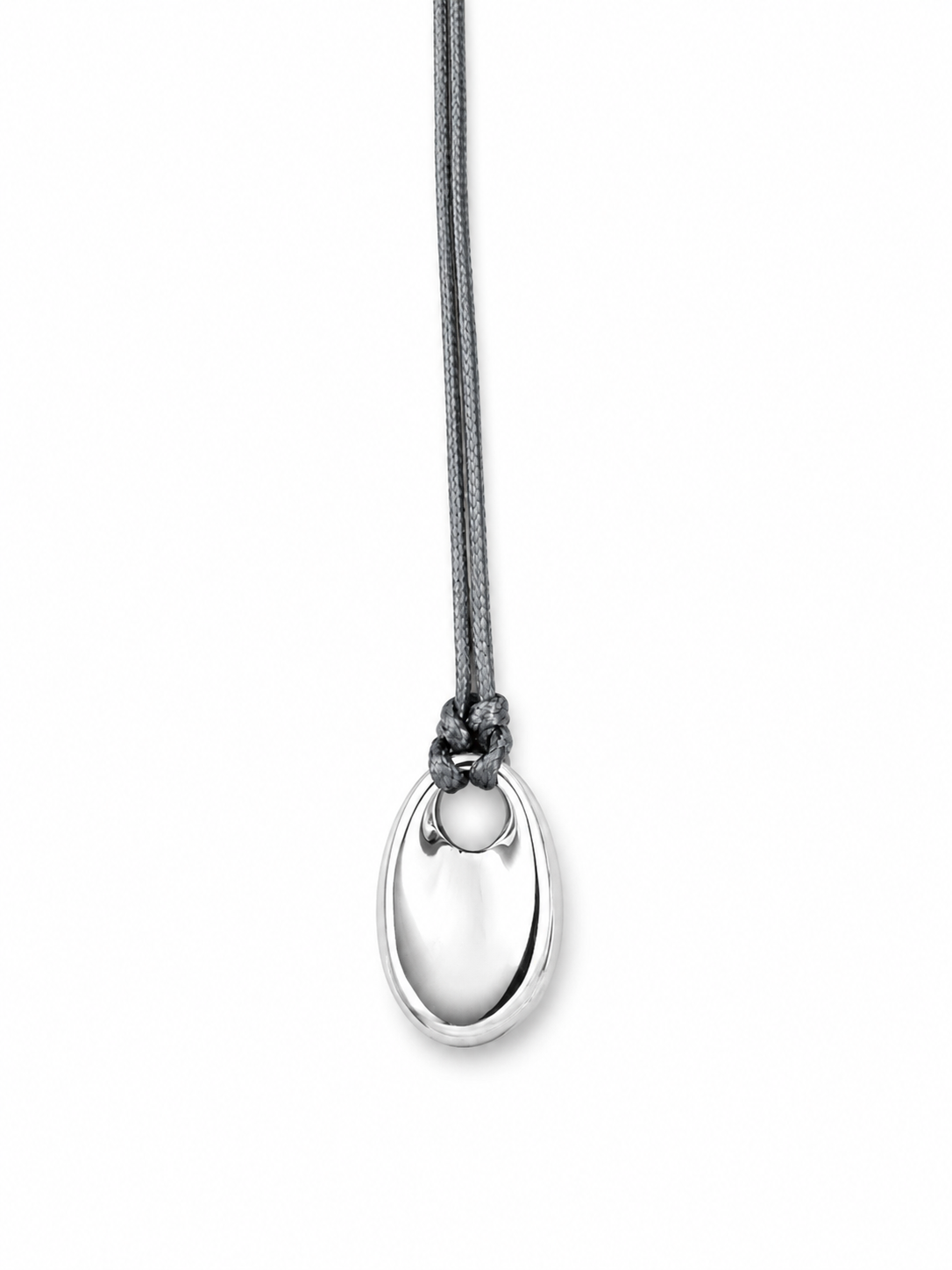 Close-up of the Elena polished silver-tone oval pendant suspended from a dark adjustable cord on a white background.