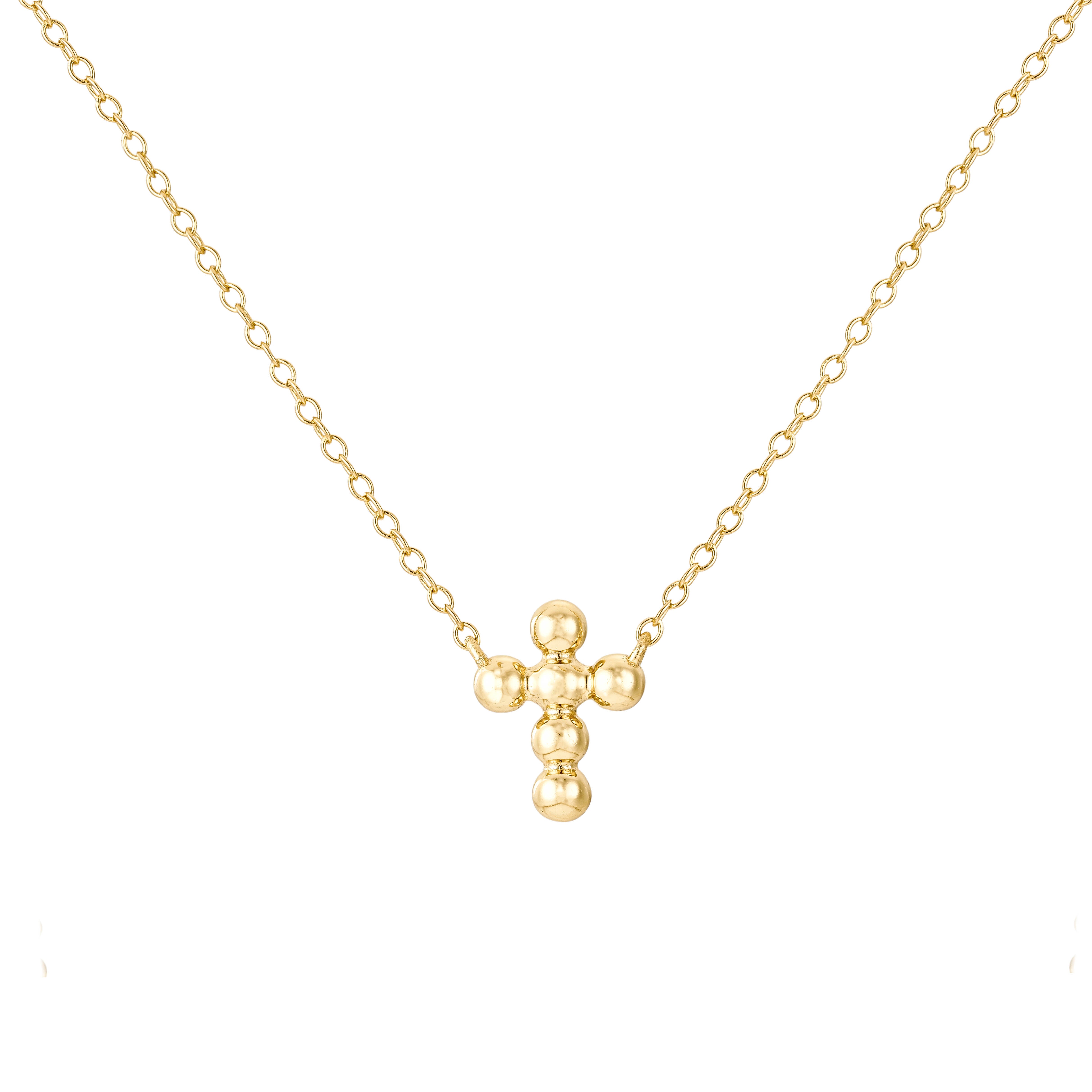 Gabriella gold ball cross pendant necklace on a delicate chain against a white background.
