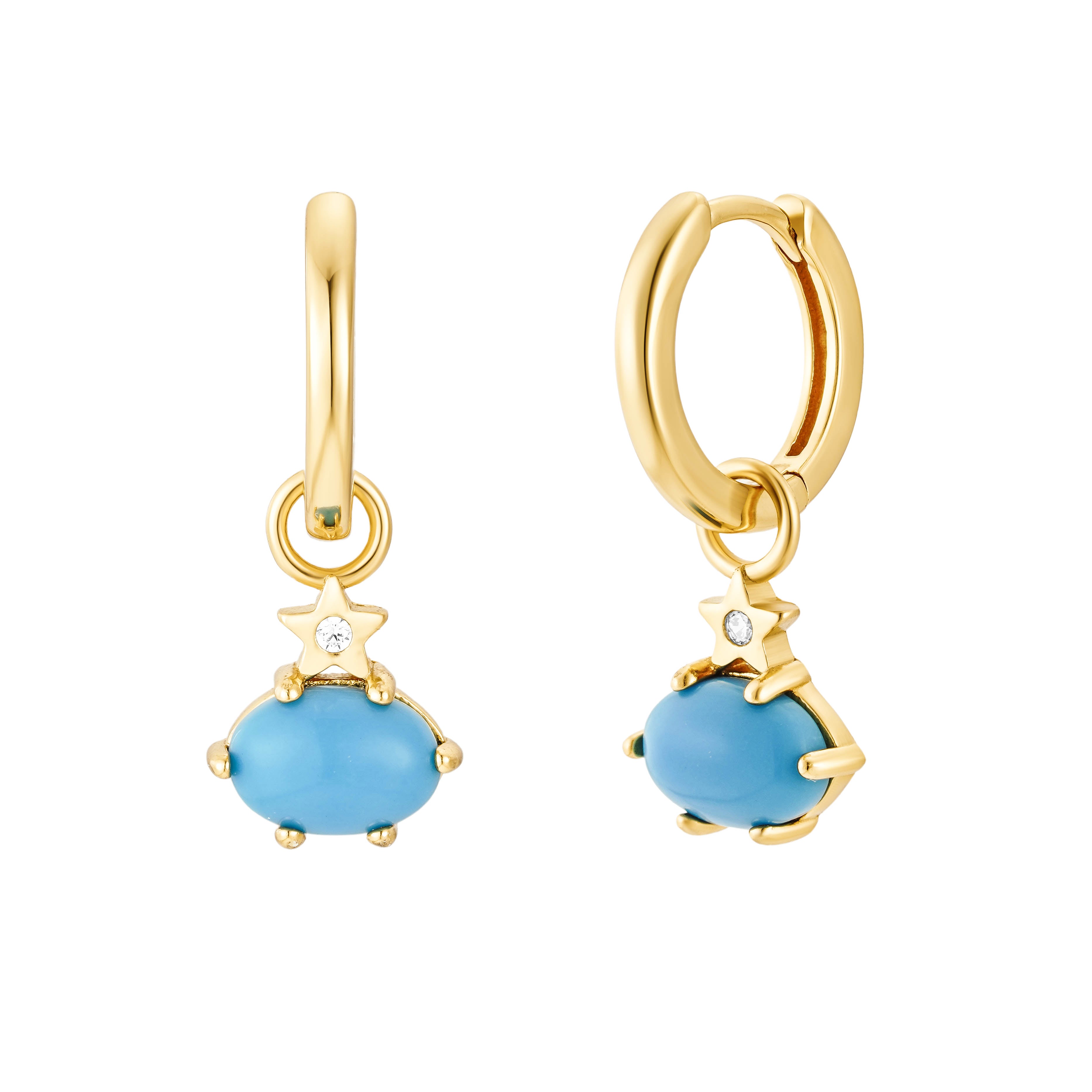 Gold hoop earrings with oval turquoise drops and clear crystal accents