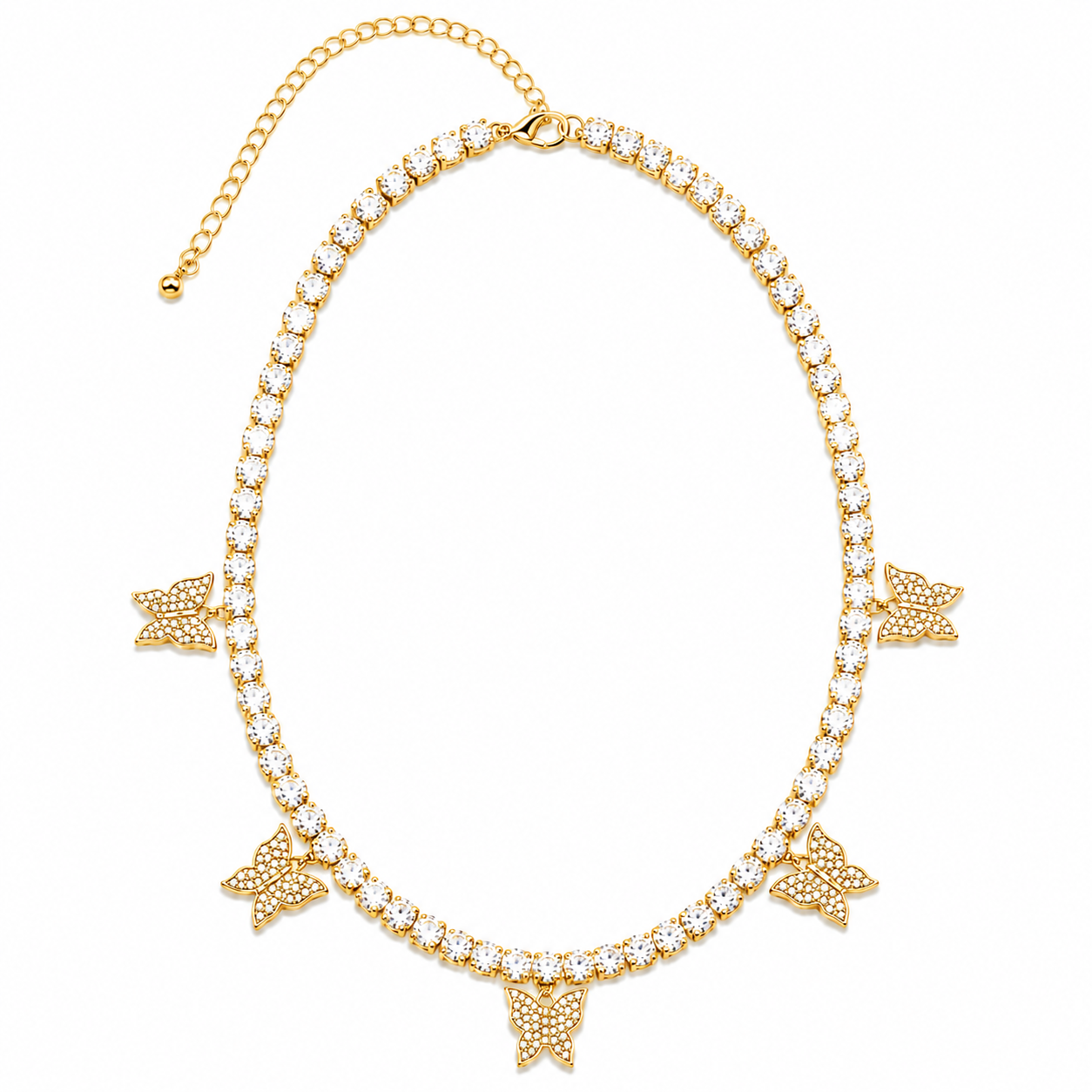 Gold Tallulah Butterfly Tennis Necklace with 3 mm clear stones and five pavé butterfly charms on a white background
