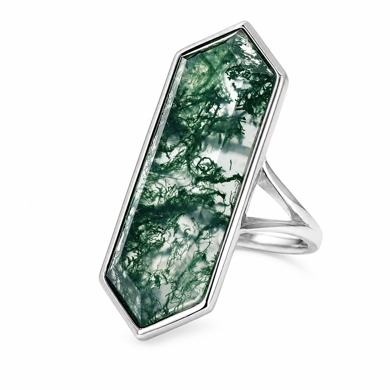 Judith adjustable sterling silver ring featuring a natural elongated moss agate gemstone on a white background