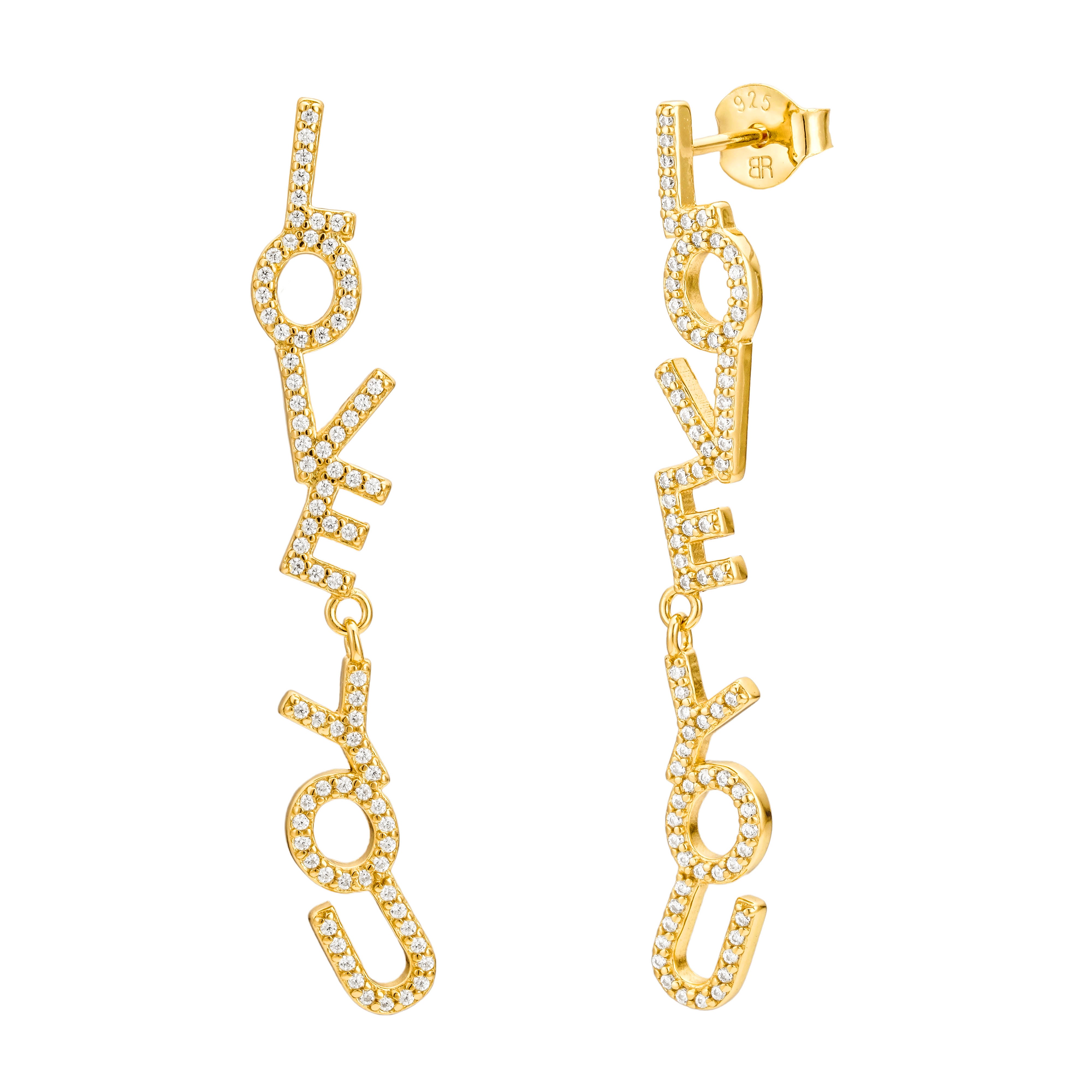 Juliette “I Love You” earrings in sterling silver with 18K gold plating featuring a script love design by Bloo & Ro.