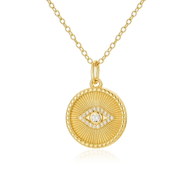 Karla gold evil eye pendant necklace with clear sparkling stones