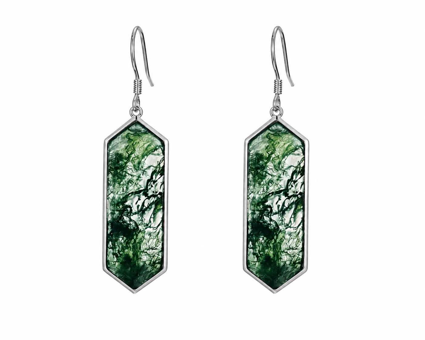 Rita Moss Agate Drop Earrings in 925 sterling silver featuring genuine natural moss agate gemstones with a modern geometric design.