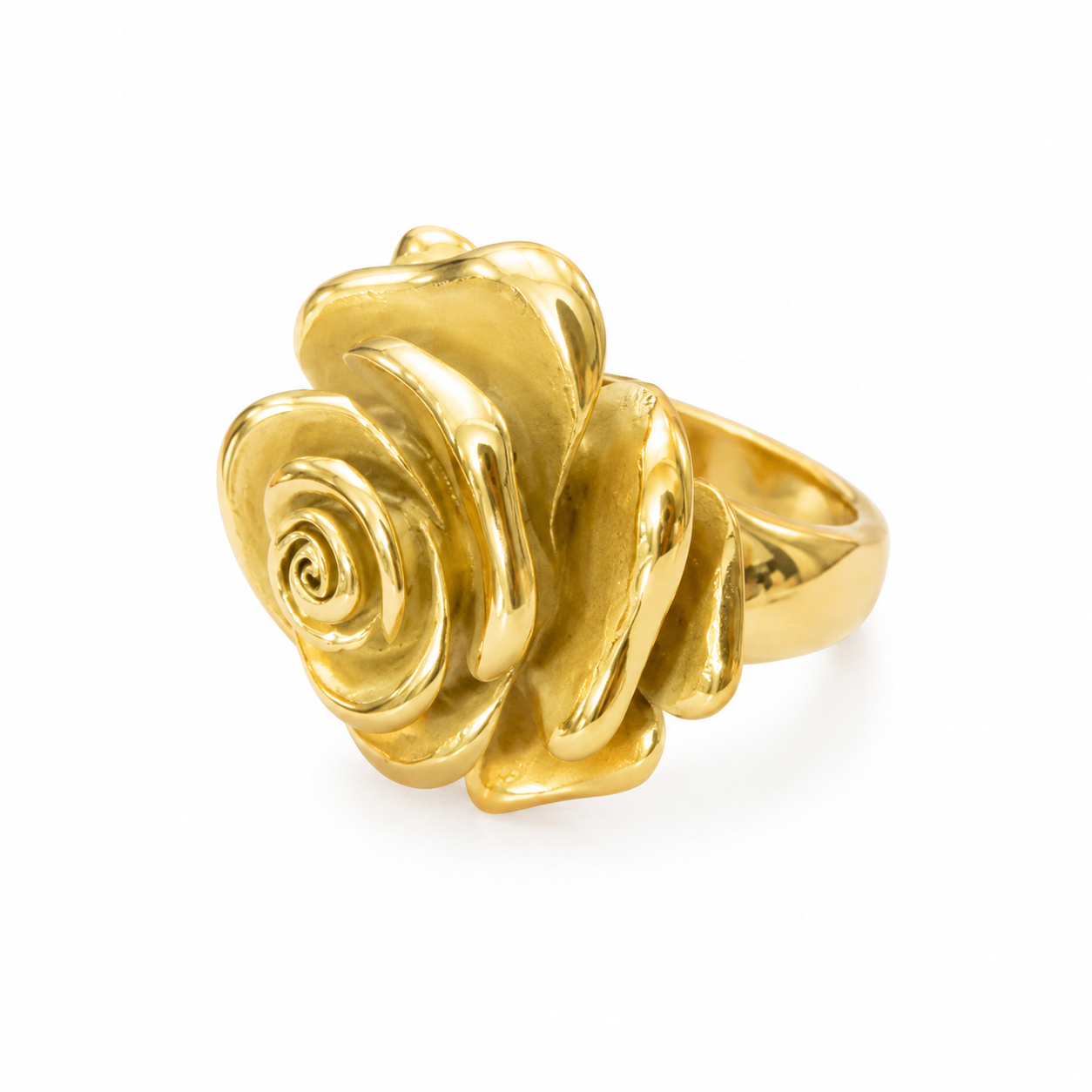 A polished yellow gold ring featuring a sculpted rose motif with layered petals and a smooth band, shown on a clean white background.