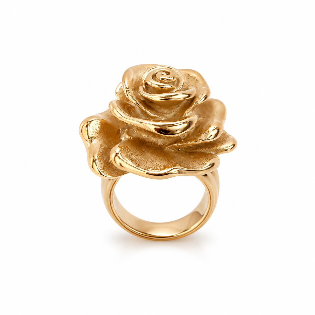 Gold Rose Ring with sculpted layered petals and a polished band, shown from the front on a white background.