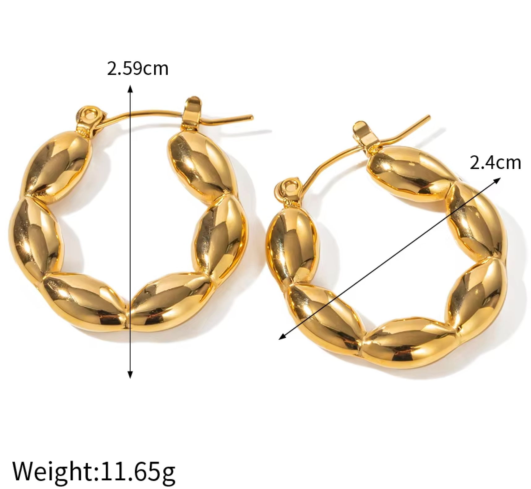 The Veronica Hoops shown with approximate 2.4 to 2.59 centimeter measurements and 11.65 gram weight
